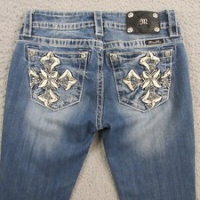 Miss Me Signature Skinny Jeans size 27 x 32 Low Rise Cross Studs Rhinestones Y2K