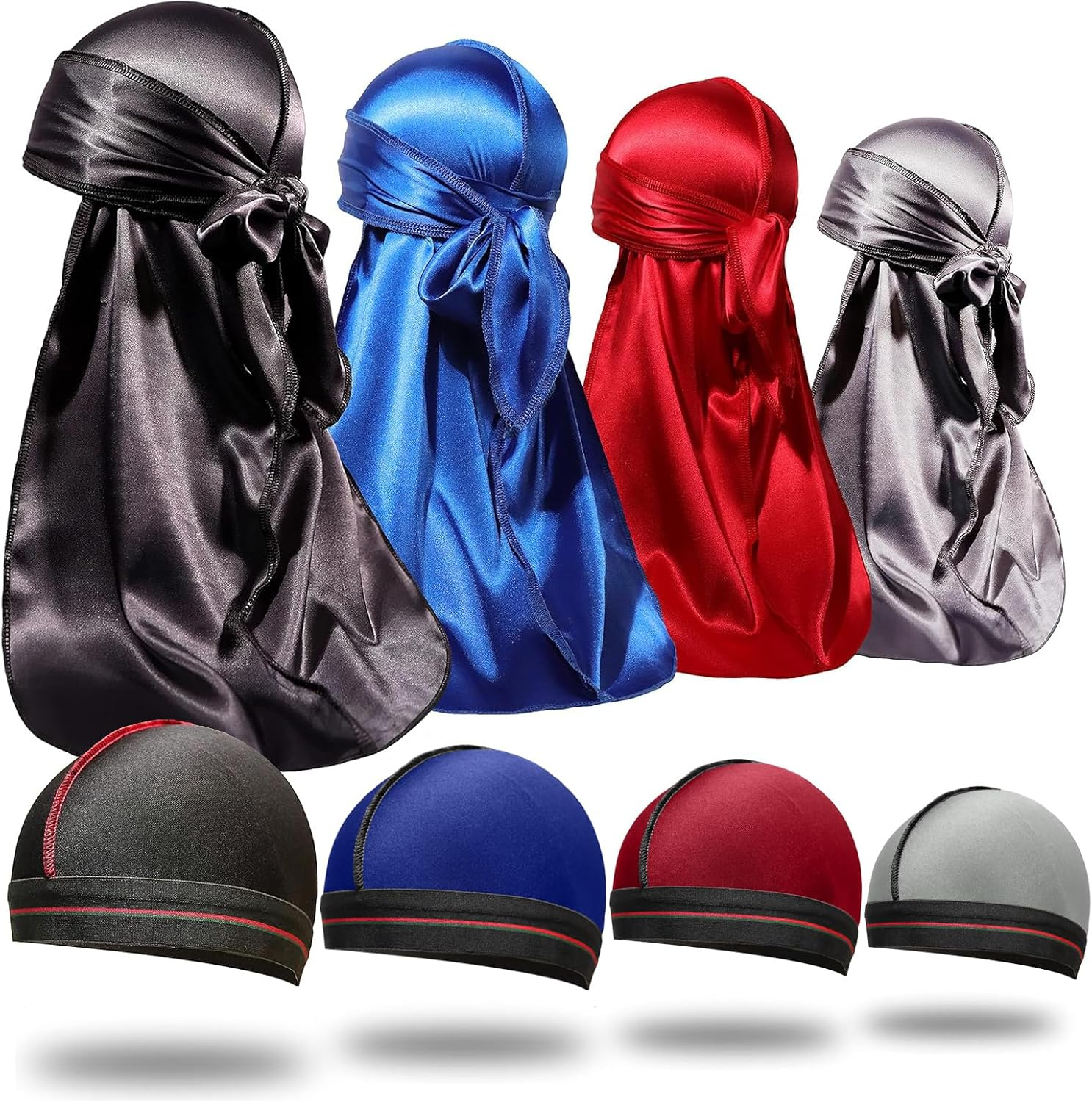 Forcewave 8PCS Silky Durag for Men with Long Tail 360 Wave Cap Dew Rag Pack
