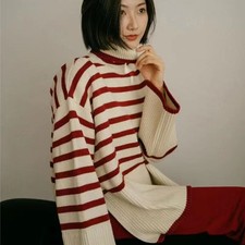 Wool Cotton with Stripe Design Women Sweater Wool Sweater With Dropped Shoulder
