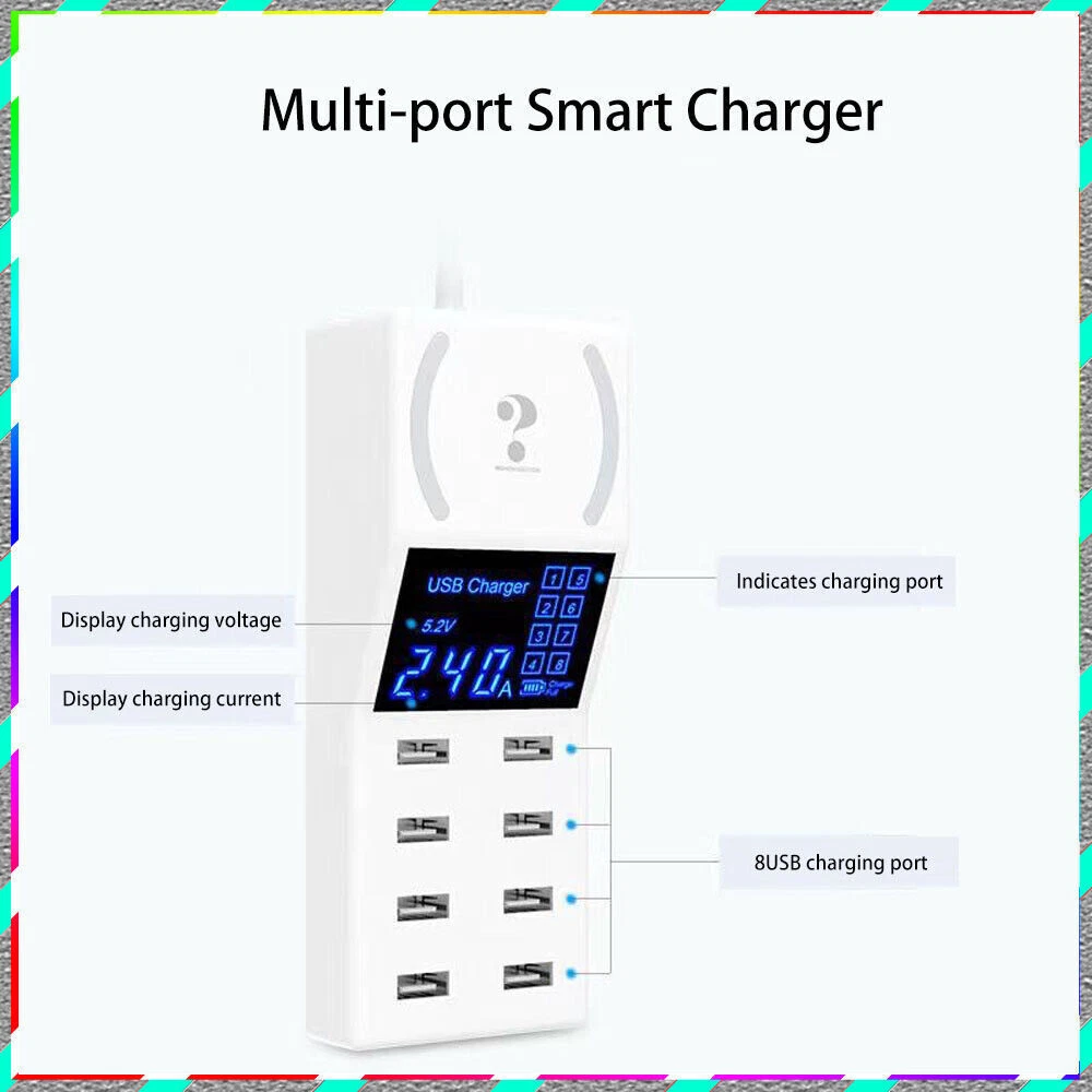 8-Port USB Hub with AC Adapter & Non-Slip Desktop Charging Station