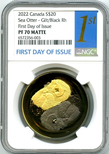 2022 $20 1OZ CANADA SEA OTTER BLACK & GOLD RHODIUM NGC PF70 SILVER PROOF FDI