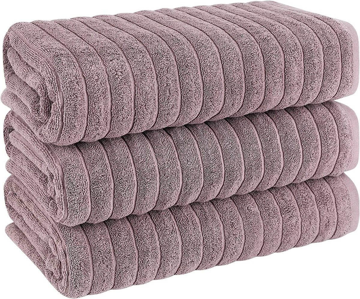 3 Piece Luxury Ribbed Bath Sheets Thick Towels 40x65 Inches Turkish Cotton  Mauve