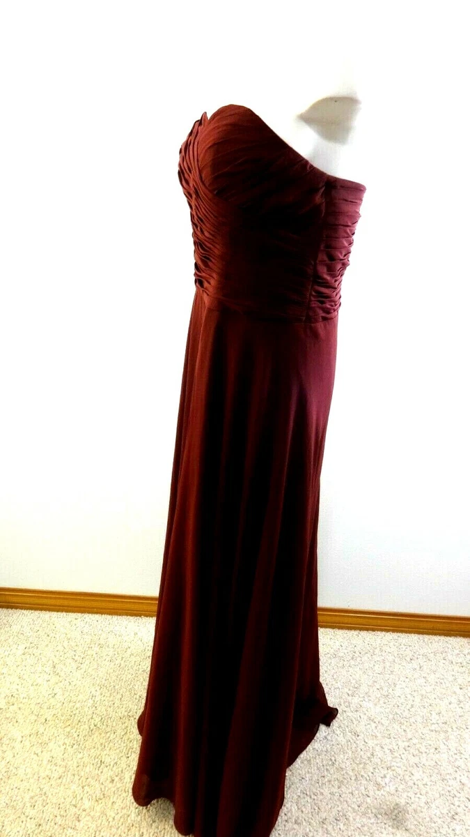 BEAUTIFUL WOMENS MAROON RUCHED TOP CHIFFON STRAPLESS FORMAL GOWN SIZE 10