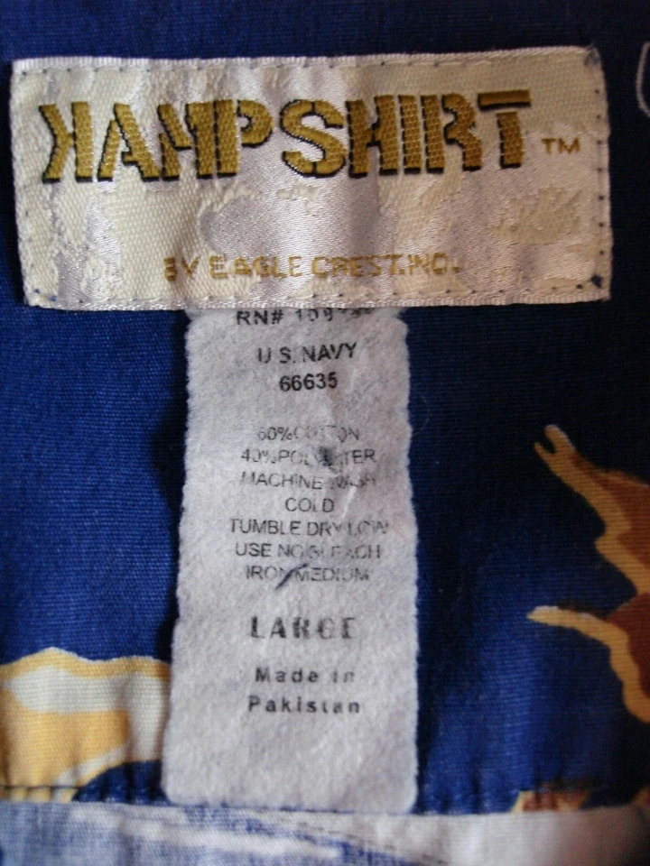 Kamp Shirt NAVY  Blue/Beige Cotton/Polyester S/S Hawaiian Shirt Sz. L - Image 3 of 4