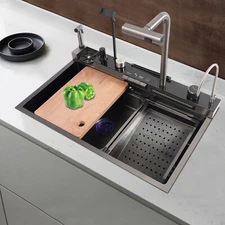 Digital Display Stainless Steel Kitchen Sink Single Slot with Faucet +Cup Washer