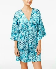 Linea Donatella Jade Medallion Print Satin Charmeuse Wrap Short Robe S/M