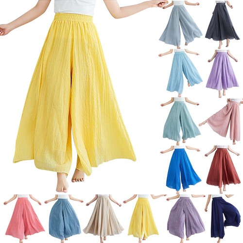 Women's Cotton Linen Palazzo Pants Elastic Waist Wide Leg Loose Trousers Culotte