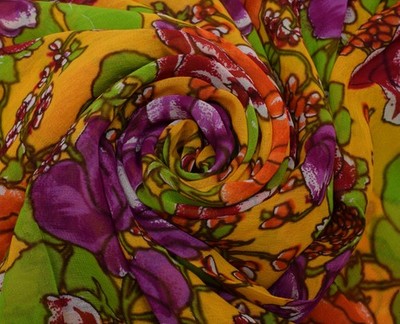 Sushila Vintage Yellow Pure Georgette Silk Printed Sari Dress Fabric By the Yard