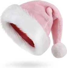Pink Velvet Santa Hat for Adults Plush Christmas Holiday Party Costume
