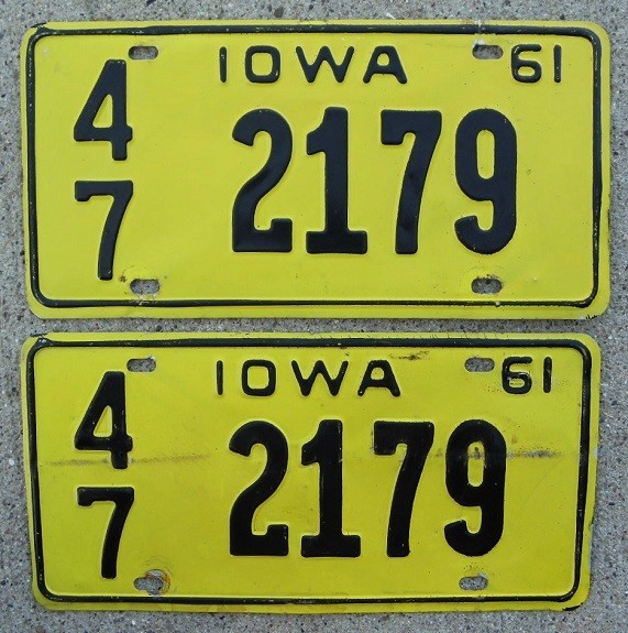 1961 Original Pair Iowa License Plates #47-2179, Ida Grove, Ida County IA