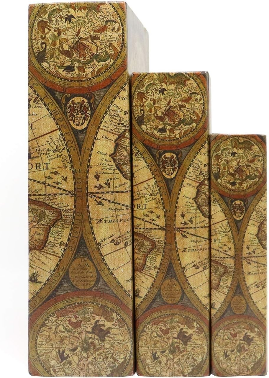Antique World Map Decorative Book Boxes - Set of 3 with Secret Stash Compartment