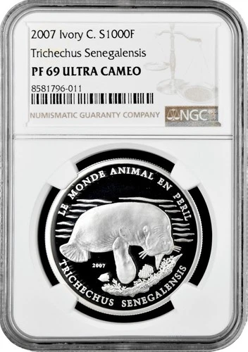 Ivory Coast 1000 francs 2007, NGC PF69 UC, "Trichechus Senegalensis" Top Pop 1/0