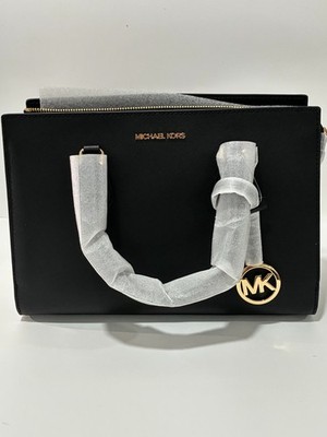 Michael Kors Black Satchel Top Handle Bag Gold Logo Accent Charm Designer