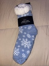 Mia And Tess Slipper Socks Soft Sherpa Lined Thermal Snowflake Blue Adult NWT