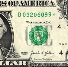 2021 D star note One dollar Bill D03206099* 500K Sheet Note Run 2 of 3