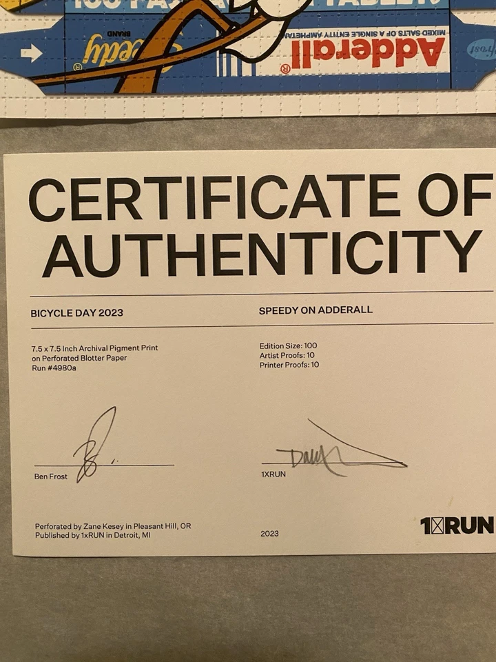 Impresión artística Speedy On Adderall x Ben Frost Blotter firmada numerada certificado de autenticidad X/100 Foto 2 de 4