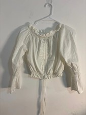 White Off-The-Shoulder Crop Blouse with Bell Sleeves Rouched Cotton Blend