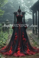 Fantasy Victorian Prom Dress Black Red Gothic High Neck 3D Floral Applique Tulle