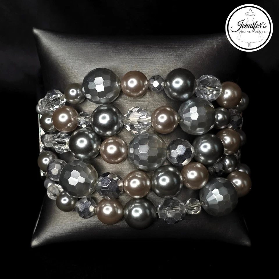 Brazalete elástico de 5 hilos de perlas y corte cristal de tono gris Lia Sophia "Plaza" Foto 2 de 4