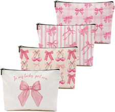 4Pcs Pink Coquette Bow Makeup Bag, Preppy Cosmetic Bags Zipper Pouch Travel Toil