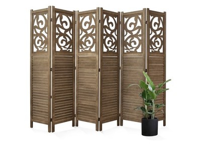 6-Panel Brown Wooden Foldable Room Divider with Classic Carved Decorative Design