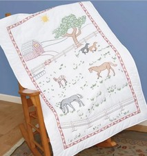 Equestrian Baby Crib Lap Quilt Top Stamped Cross-Stitch Hand Embroidery Horses