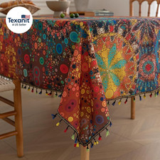 Boho Tablecloth for Square Tables,Fringed Edges with Geometric Pattern Tableclot