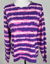 LANDS' END S/S Stretchy Striped Rash Guard/Swim Tee - L, Purple Pink White