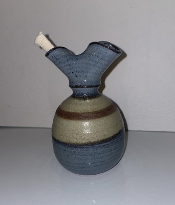 Studio Art Pottery Redware Pinched Oil Lamp Vase Pinch Pot Marked CC Blue Tan