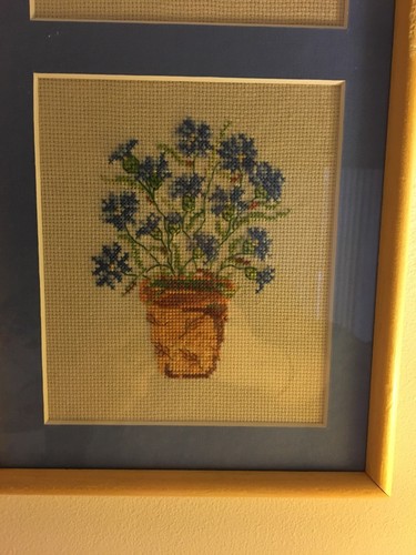 Finished Framed Cross Stitch Blue Matted Double Picture Potted Flowers - Picture 2 of 5