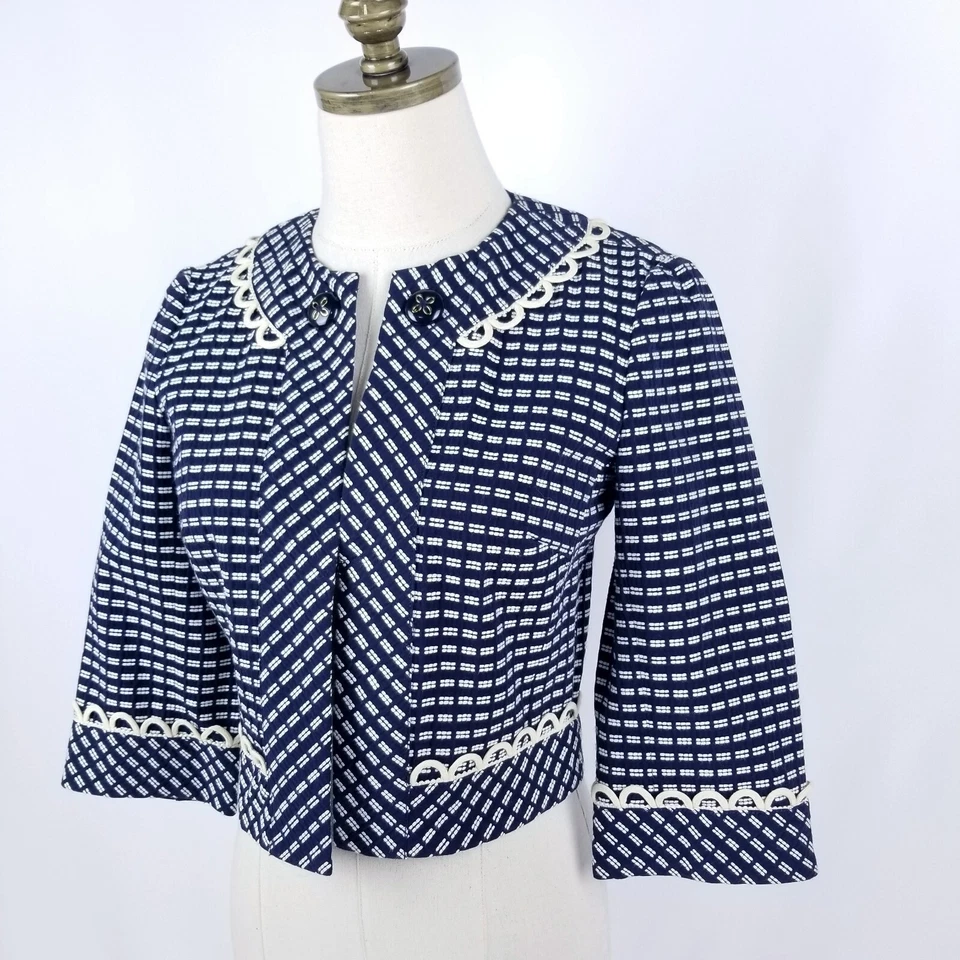Chaqueta Blazer Recortada Trina Turk Talla 0 Azul Blanco Forrada Geométrica Manga 3/4 Foto 3 de 4