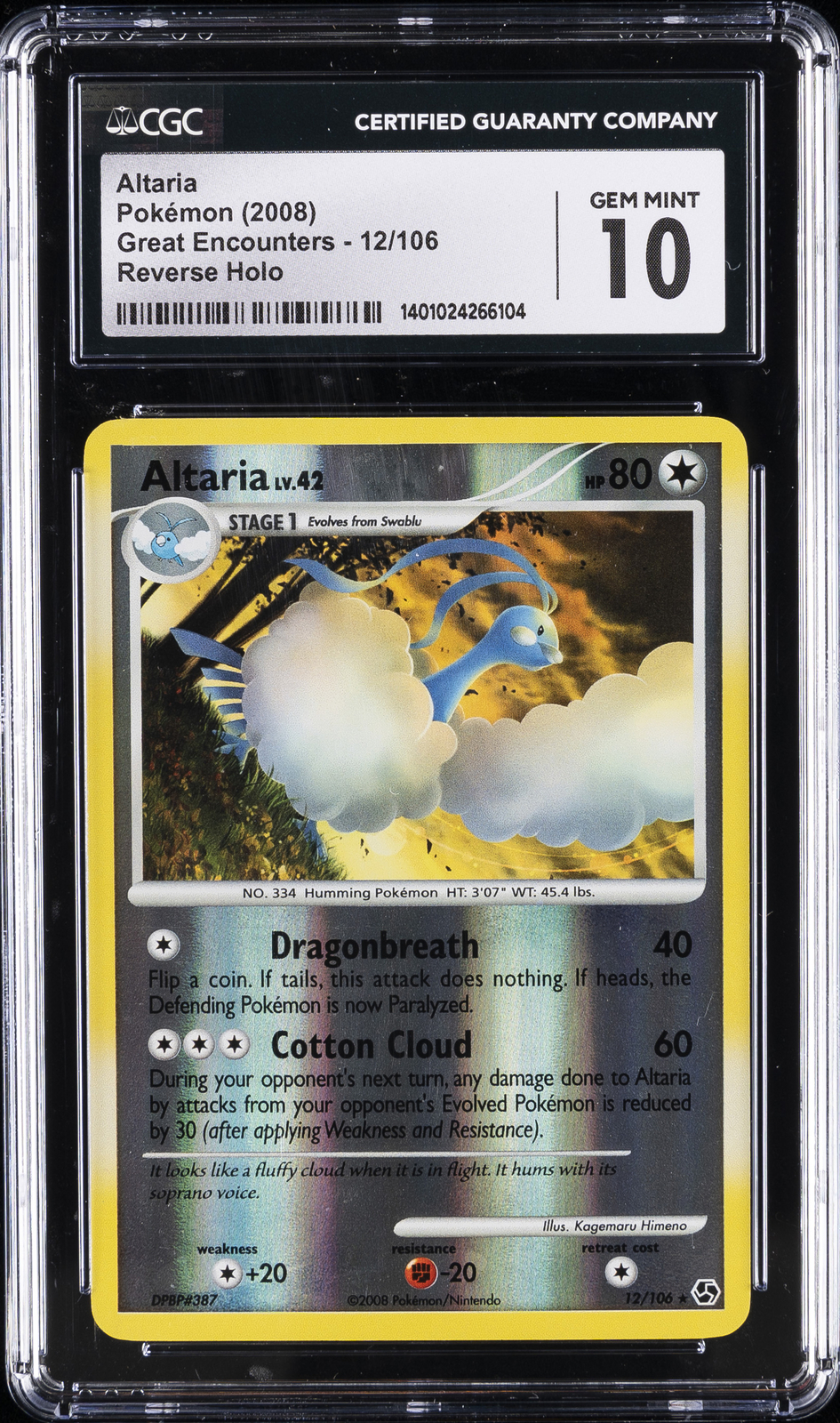 2008 POKEMON GREAT ENCOUNTERS, REVERSE HOLO #12/106 ALTARIA CGC 10 GEM MINT