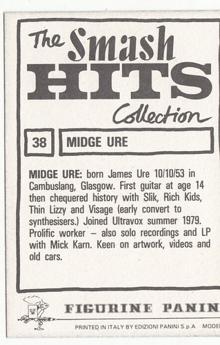 MIDGE URE SMASH HITS PANINI STICKER AUTOCOLLANT 1980's - Picture 2 of 2