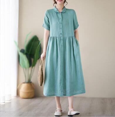 Women Summer Retro Lapel Short Sleeve A-line Pure Color Cotton Linen Shirt  Dress | eBay