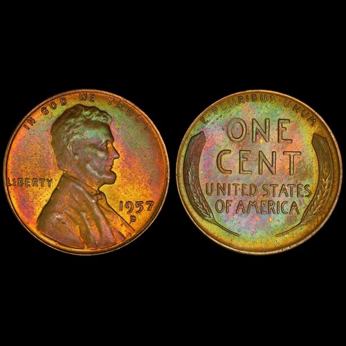 MS65RB 1957-D 1C Lincoln Weizencent, PCGS Trueview - neuwertiges Set Regenbogen getönt
