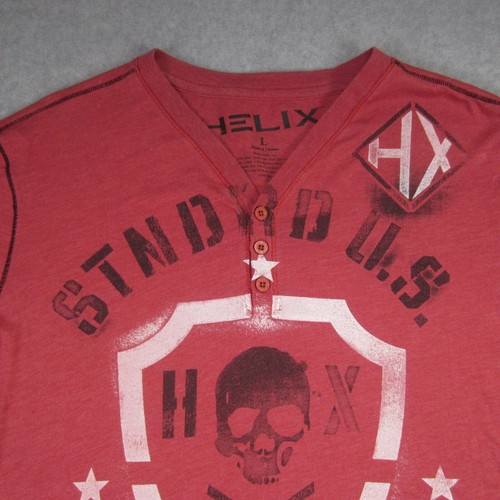 Helix Shirt Mens L Wash Red Henley Rock Shield Skull Standard US Grunge - Picture 2 of 14