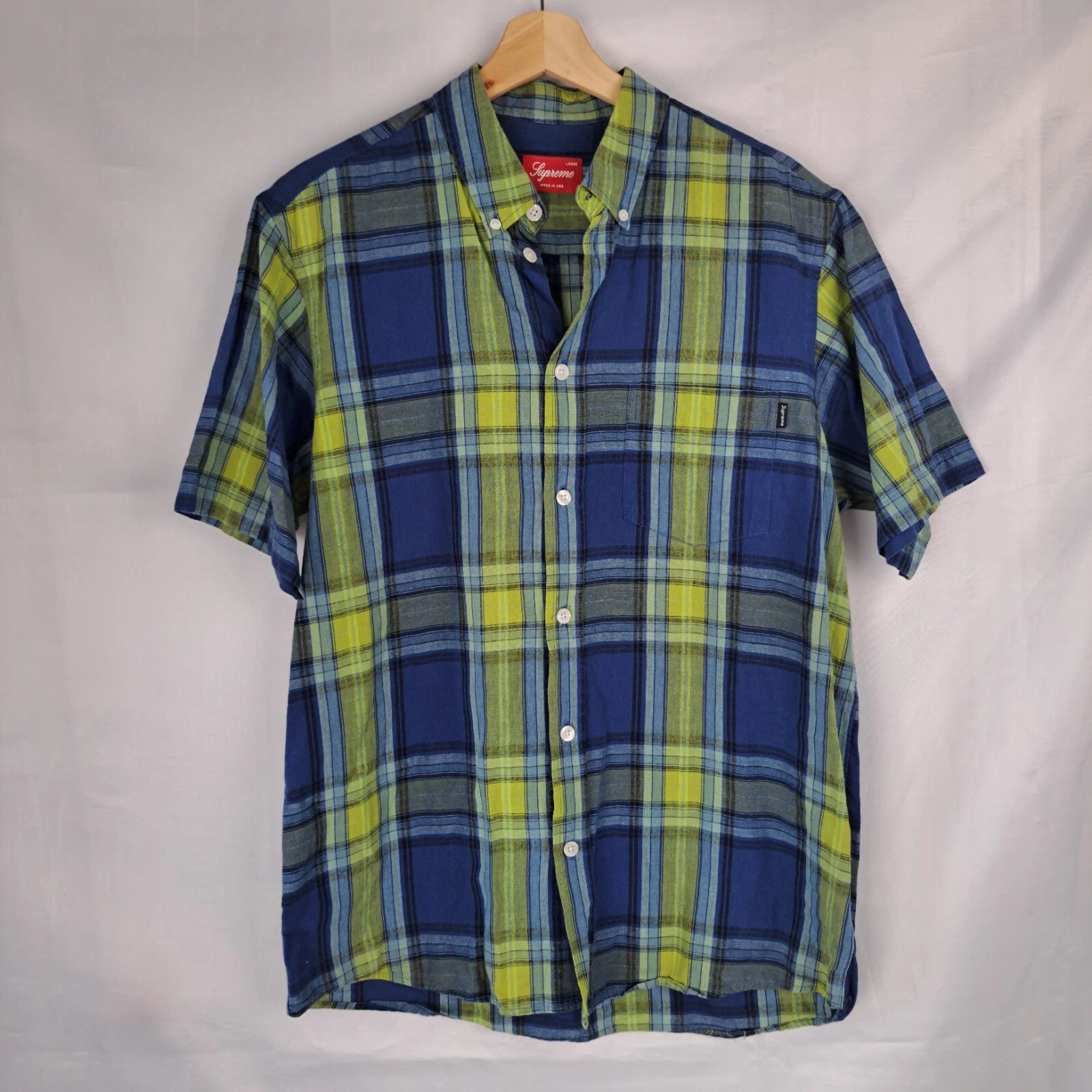 Chemise manches courtes Supreme USA bleu et vert citron coton à carreaux/tartan grande taille