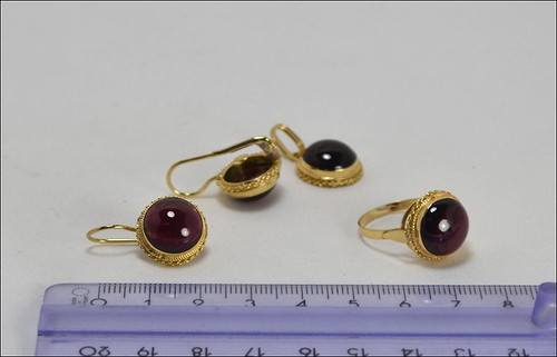 Parure Or 18KT Cabochon Grenat 12 MM Pendentif Et Anneau -ogfr - Picture 3 of 3