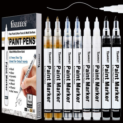 White Paint Pen, 8 Pack 0.7Mm Acrylic Paint Pens with 2 White 2 Black 2 Gold 2 S