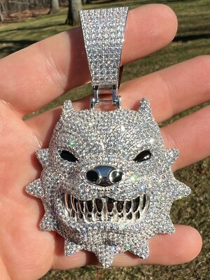 Huge Iced Hip Hop 925 Silver Angry Pitbull Dog Animal Pendant Necklace  CZ