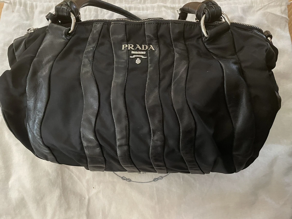 Prada Black Leather and Nylon Striped Tote Bag