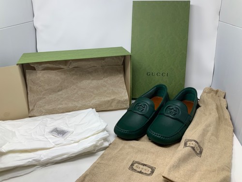 GUCCI INTERLOCKING G LOGO Green Leather Men's DRIVER Loafer Shoes Size 8.5 - Picture 2 of 15