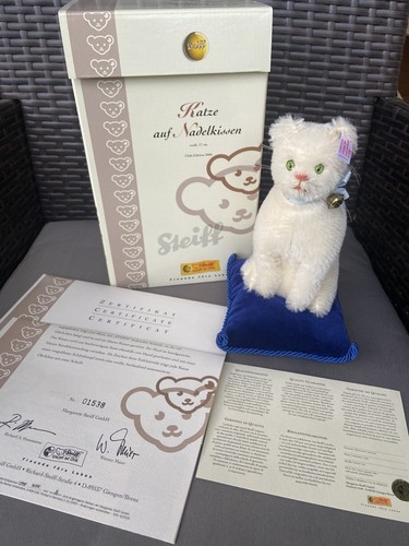 Steiff White Cat Pin Cushion 1906 Replica 2006 LE ID Mohair 7in NEW BOX COA NR