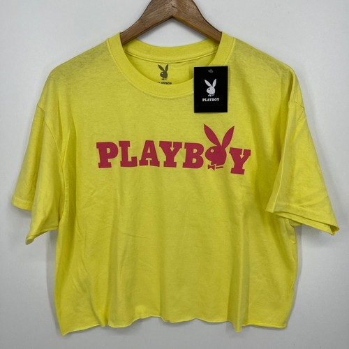Playboy T-Shirt Women's L Yellow Cropped Cutoff Short Sleeve Oversized New NWT