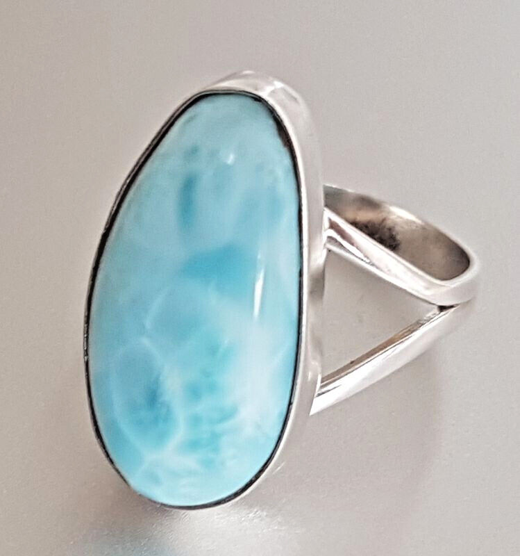 Bague Larimar bleu naturel et anneau argent 925 taille 54,5 pour femme