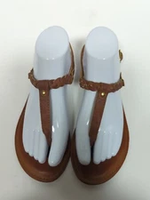 Cathy Jean Faux Leather Braided Strap Thong Sandals Flat Buckle Brown Sz 8