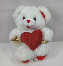 2000 Valentine's White Teddy Bear Holding Glittery Red Heart  Arrow 14" Plush