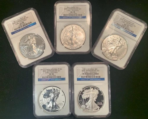🦅2011 25th Anniversary Silver Eagle🦅  5-Coin Set NGC MS70 PF70 - P S & W Mints