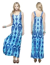 Deborah Viereck Corleone Maxi Dress Micro Fiber Blue Inkblot Women's Size L  New