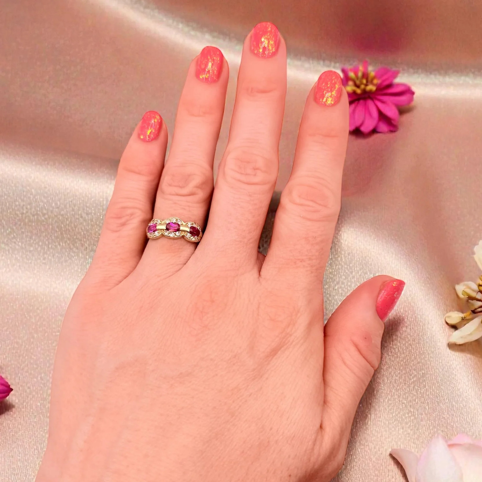 Solid 14K Gold Ring with Ruby, Pink Sapphire & Ge… - image 4